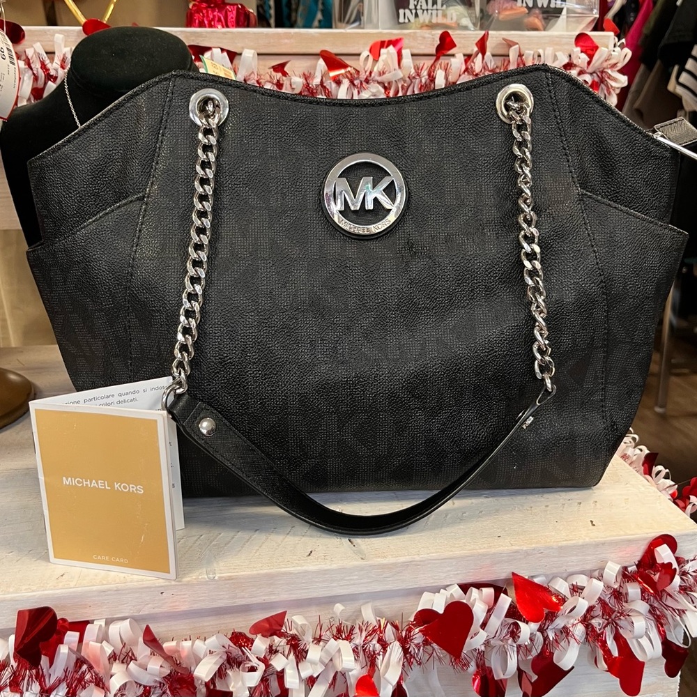 Michael Kors Black Tote with Silver Chain Accents